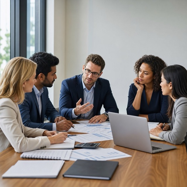 Finance and business leadership team collaborating around a table
